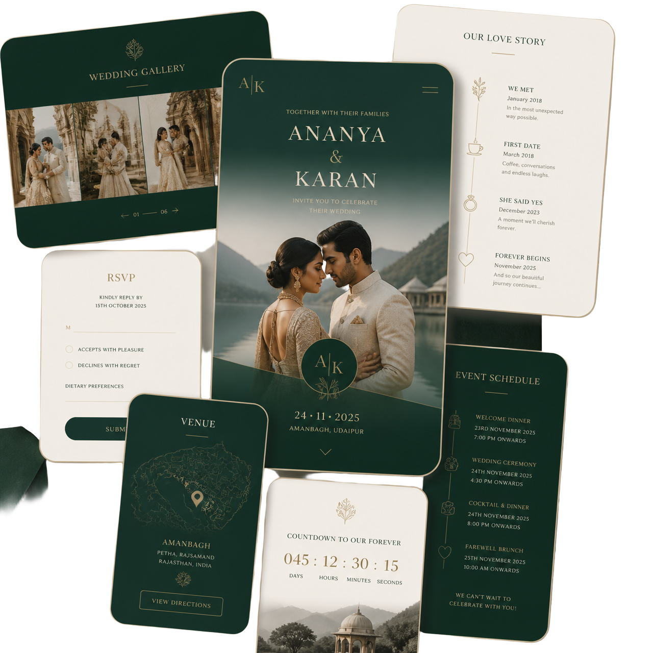 Layered previews of a StellyStudio wedding invitation — bride and groom, gallery, timeline, RSVP, venue, countdown, and event schedule
